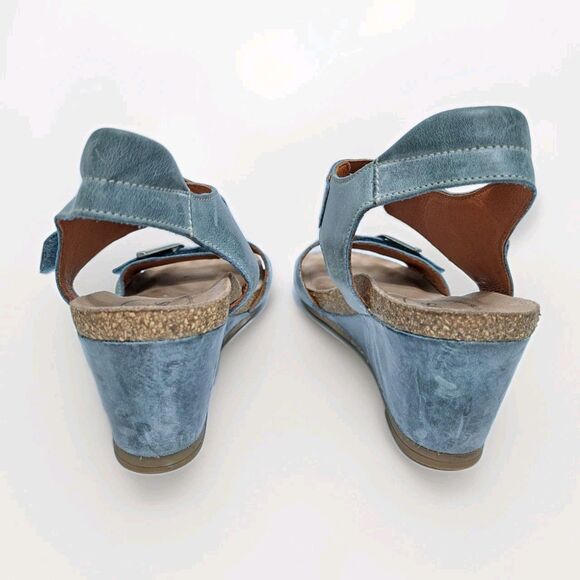 Taos Womens 8-8.5 Buckle Up Wedge Sandals Turquoise Blue Ankle Strap Heels - Picture 7 of 10
